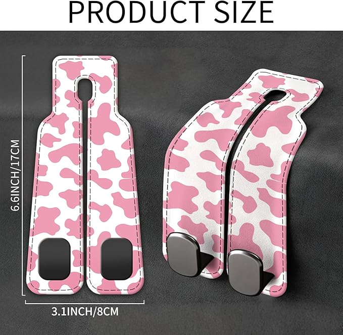 AXBSAKDI Car Seat Back Storage Headrest Hook, Premium Leather Double Metal Hook, Hanger Storage Organizer for Purse Cloth Bag, Car Interior Accessories Pink Cute Cowhide
