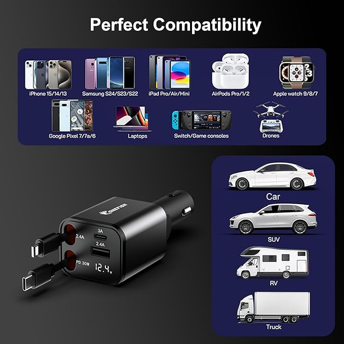 OneFish Starlight Fast Car Charger, 4 in 1 Cigarette Lighter Chargers with USB Type C Ports Retractable Cord Display, for iPhone 17 16 15 14 Pro Max Plus/iPad, Car Truck Essentials Gift for Women Men