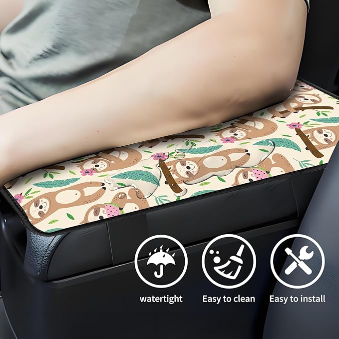 Car Center Console Cover, Universal Soft Large Neoprene Auto Armrest Seat Box Cover, Funny Car Decor Accessories Fit for Most Cars, Vehicles, SUVs Cute Sloth