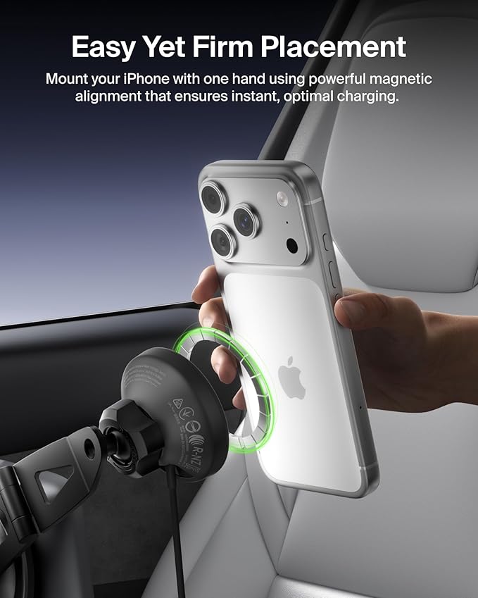 Belkin Wireless Car Charger, Magnetic Wireless Phone Mount for EV w/ 1M USB C Cable, Qi2 MagSafe Compatible Fast Charging for iPhone 17, Galaxy S25, Pixel 10, & More - Travel Accessories - Black
