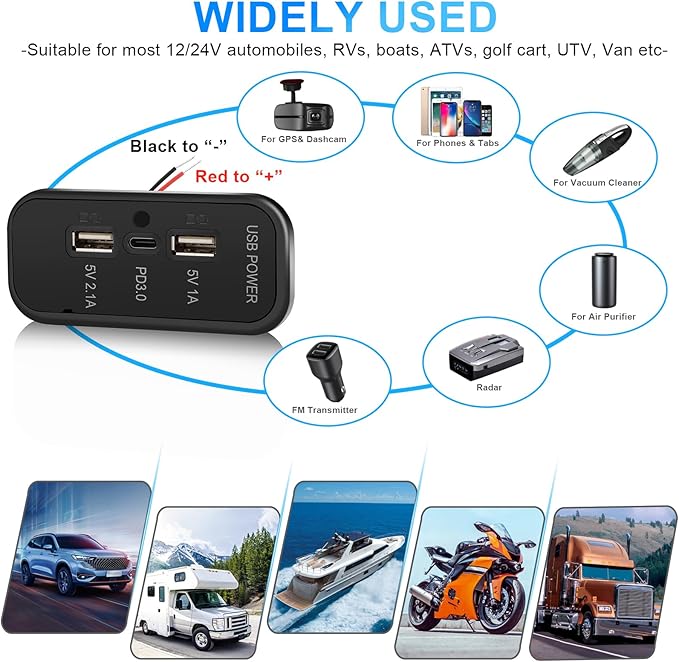 2PCS 3 Ports 12V RV USB Outlet 45.5W, Gibbab PD3.0 Type-C Quick Charge & Dual USB A Port 3.1A Panel Wall Mount, Automotive Car Socket Charger Adapter for RV Marine Boat Bus ATV Motorcycle Truck