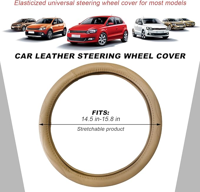 15 Inch Leather Steering Wheel Cover, Breathable Anti-Slip Steering Wheel Protector Cover, Elastic Soft Comfortable Universal Wheel Cover for Men and Women, Car Accessories (Beige)