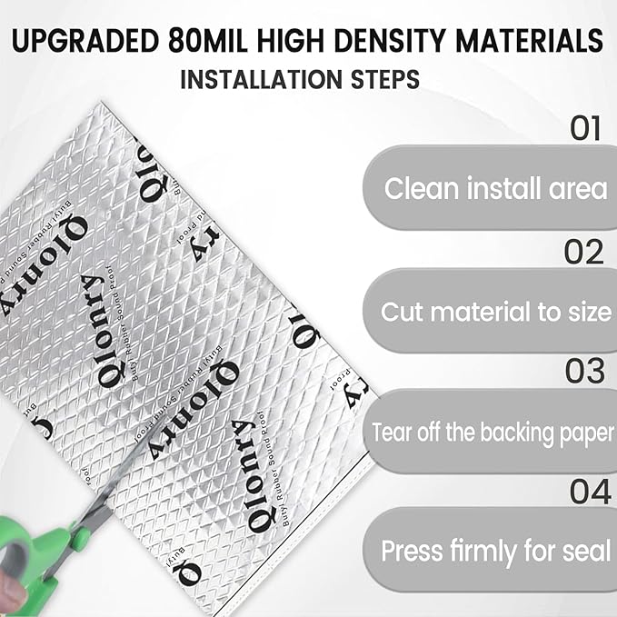 Qlonry Upgrade Car Sound Deadening Mat, 14 Pcs 80mil (2mm) 36 sqft (3.36 sqm) Butyl Automotive Sound Deadener, Noise Insulation and Vibration Dampening Material with Silicone Raised Gloves