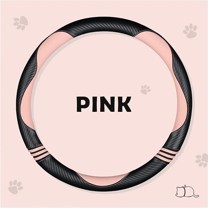 Car Steering Wheel Covers for Women Padded Carbon Fiber PU Leather Cute Auto Interior Accessories for Vehicle, Sedan, Universal, Anti Slip, Pink, Standard Size, 14.75-15.15in