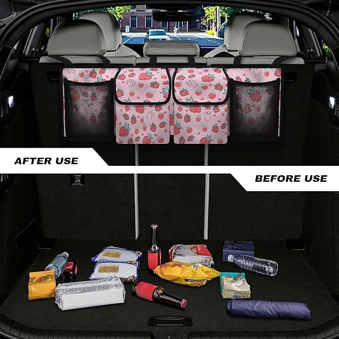 Strawberry Car Trunk Organizer, Novelty Car Accessories Marble Car Organizer for SUV/Truck/MPV, Hanging Car Storage Organizer with 4 Pocekts, Frees Trunk Floor, Sturdy Space Saving Expert