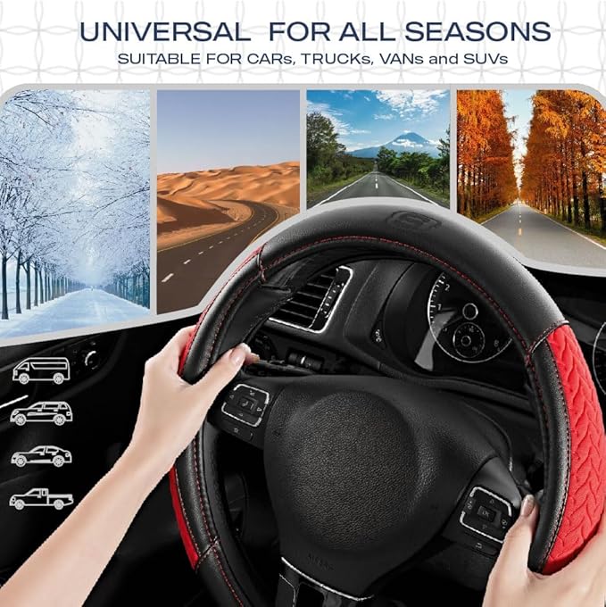 Skechers Steering Wheel Cover,Max Cushioning Leather Steering Wheel Cover Universal Fit 14" 1/2-15" Car Wheel Protector for Men Women Fit Suvs,Vans,Sedans,Car,Trucks,Red