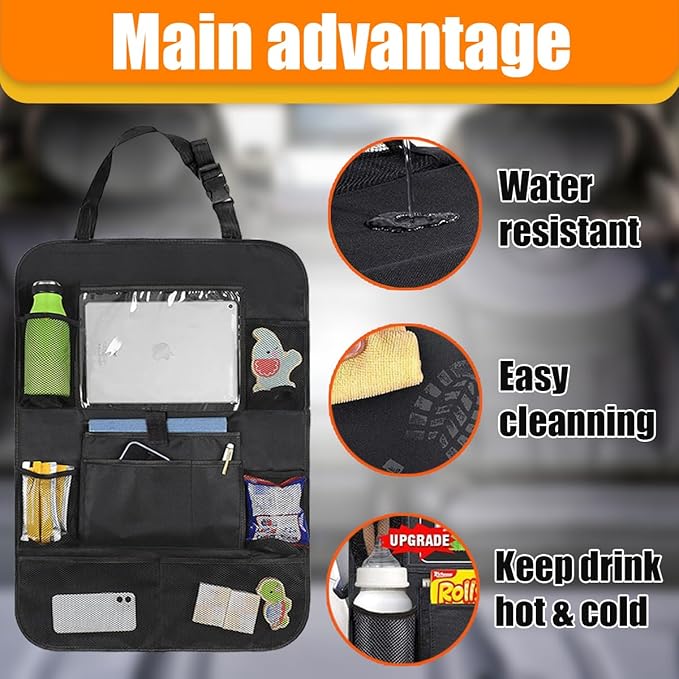 Car Backseat Organizer, Oxford Cloth Kick Mats Back Seat Protector with 9 Pockets & Clear Tablet Holder, Universal Waterproof Car Road Trip Essentials Storage Accessory (1PC)