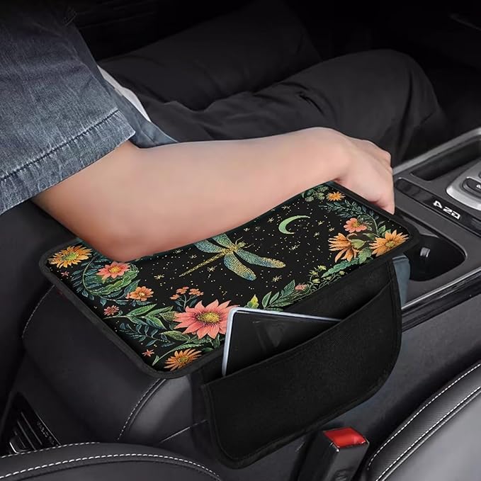 BIGCARJOB Art Dragonfly Print Armrest Pad with Pocket Universal Car Armrest Cover Center Console Pads Flower Dragonfly Print Car Armrest Storage Box Car Interior Accessories for Most Vehicles