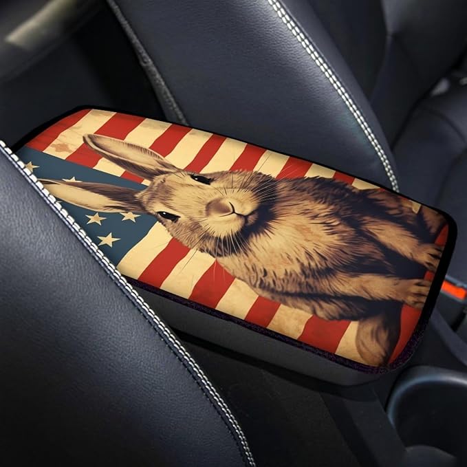 Car Center Console Pad, Universal Waterproof Car Armrest Seat Box Cover, Car Interior Accessories for Most Vehicle SUV Truck Vintage American Flag Rabbit Car Armrest Pad
