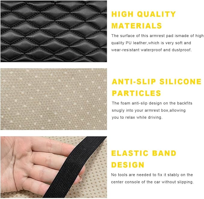 Car Center Console Cushion Pad, 12.6"×7.5" Waterproof Leather Armrest Seat Box Cover Protector, Soft Comfortable Anti-Scratch Arm Rest Console Pad for Most Cars Trucks SUVs (Black & Yellow)
