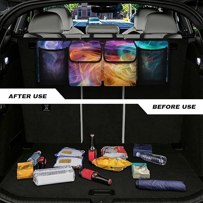 Back Seat Trunk Organizer Hanging Car Organizer Trunk Foldable Cargo Storage with Pockets& 3 Adjustable Straps 37.01x11.81 inch,Car Decoration,Colorful Smoke Abstract Art