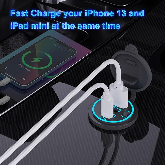 12V USB Outlet Wire USB Charger Multi Port, Dual PD3.0 USB-C and Quick Charge3.0 Car Port Socket with Power Switch, Fast Charge for Phone lPad Android Phones, Suitable for Car Boat RV Marine ATV