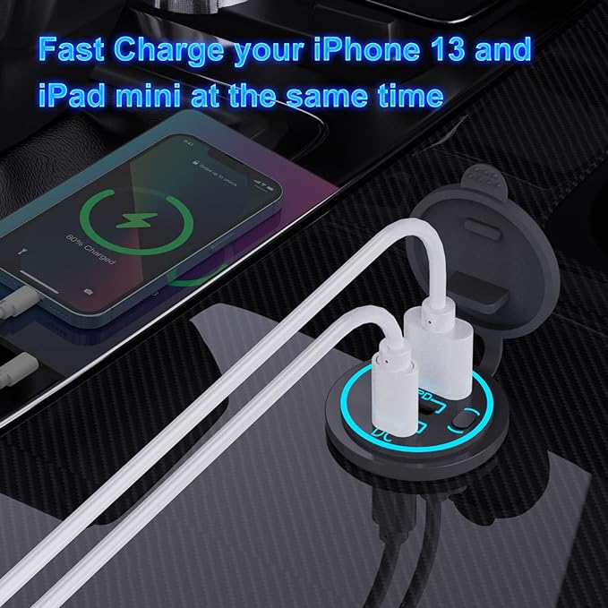2 Pack 12V USB Outlet Wired Charger Multi Port, Dual PD3.0 USB-C and Quick Charge 3.0 Car Port Socket with Power Switch, Fast Charger for Cell Phone Tablet, Suitable for Car Boat RV Marine ATV