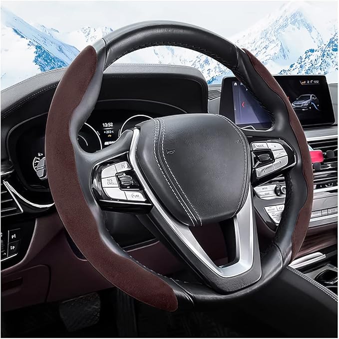 Car Steering Wheel Cover, Microfiber Suede Leather and Carbon Fiber Double Sided Design, Warm in Winter and Cool in Summer, Breathable Non Slip Segmented Protector for Most Cars (Turn Fur/Coffee)