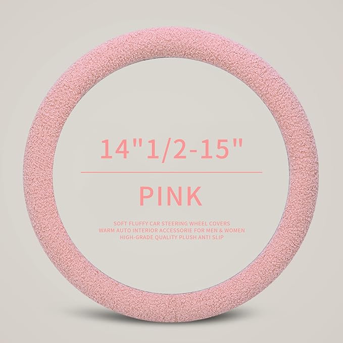 Furry Winter Car Steering Wheel Cover for Women, Soft Fleece Short Plush Warm Universal Auto Accessories for Vehicle, Sedan, Fuzzy, Anti Slip, Pink, Standard Size, 14.75-15.15in