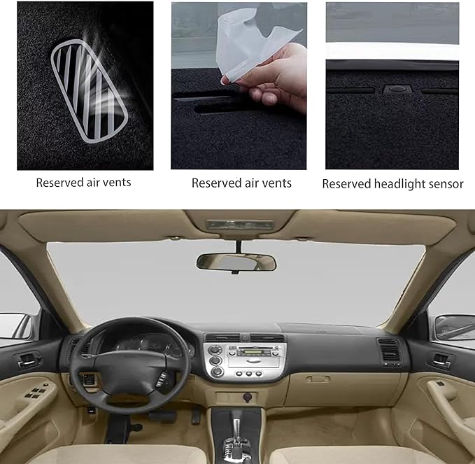 Upgraded Dash Mat for 2001-2005 Honda Civic Polyester Dash Board UV Protection Non-Slip Windshield Reflective Dash Cover Interior Accessory Black
