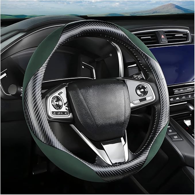 Steering Wheel Cover for Women and Men, Carbon Fiber Plush Steering Wheel Cover Soft Anti-Slip Comforting, Universal 15 Inches Steering Wheels Accessories (Carbon Fiber Black/Green)