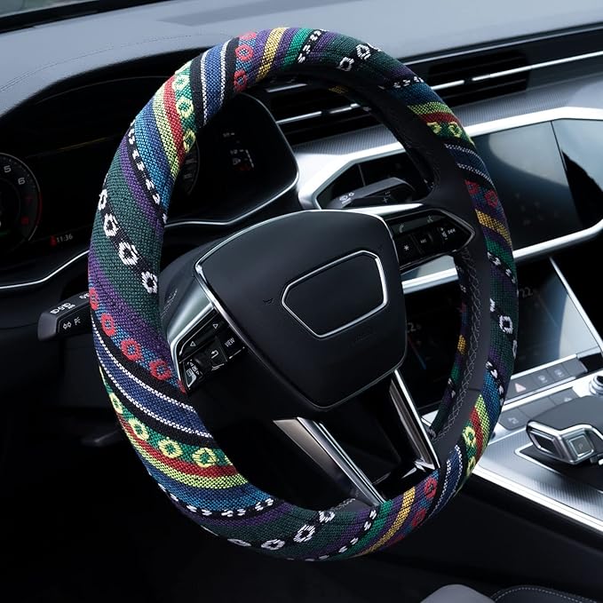 Limsas Boho Steering Wheel Cover Elastic Microfiber for Women, Universal Fit 15 inch Car SUV, Hippie Style Protector Cover, Anti-Slip, Breathable, Absorbing Sweat - 02
