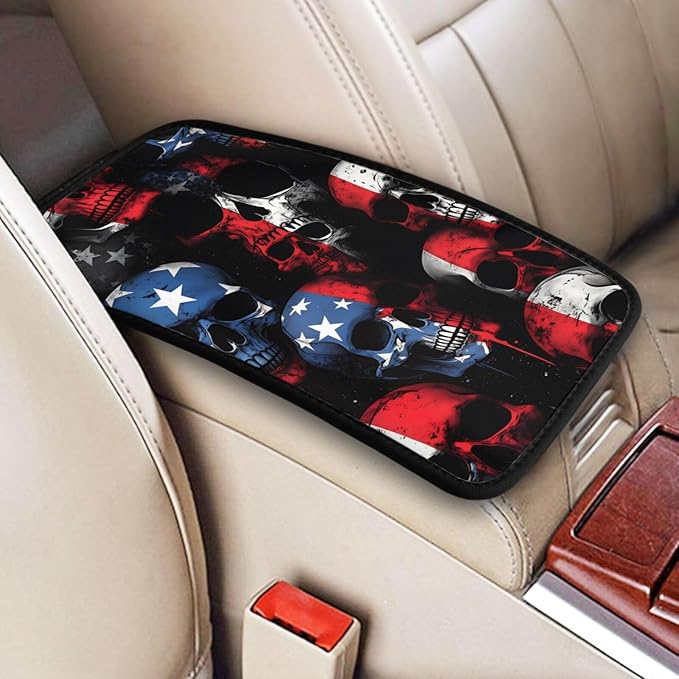 Universal Car Center Console Cushion Pad, American Flag Skull Soft Waterproof Car Center Console Cover Auto Armrest Seat Box Cover Protector for Most Vehicle SUV Truck Car