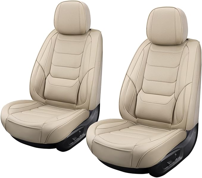 hoozoom Leather Front Car Seat Covers Breathable Seat Covers Waterproof Seat Protectors Universal Fit for Most Automotive Cars SUV Trucks Van (Beige, Front Pair)