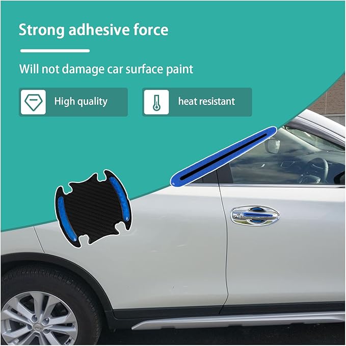 Augeny 8 PCS Car Door Handle Protector Reflective Stickers, Universal 3D Carbon Fiber Auto Door Handle Paint Guard, Anti-Scratch Car Door Bowl Protective Film for Most Cars (Blue)