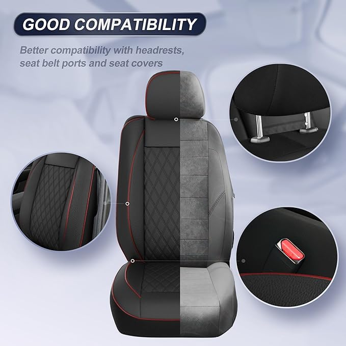 GIANT PANDA 2PCS Front Seat Covers for Hyundai, Piping Leather Durable Waterproof Seat Cover to Fit Sonata Elantra Santa Fe Tucson Accent Kona Palisade Genesis, Airbag Compatible (Black+Red)