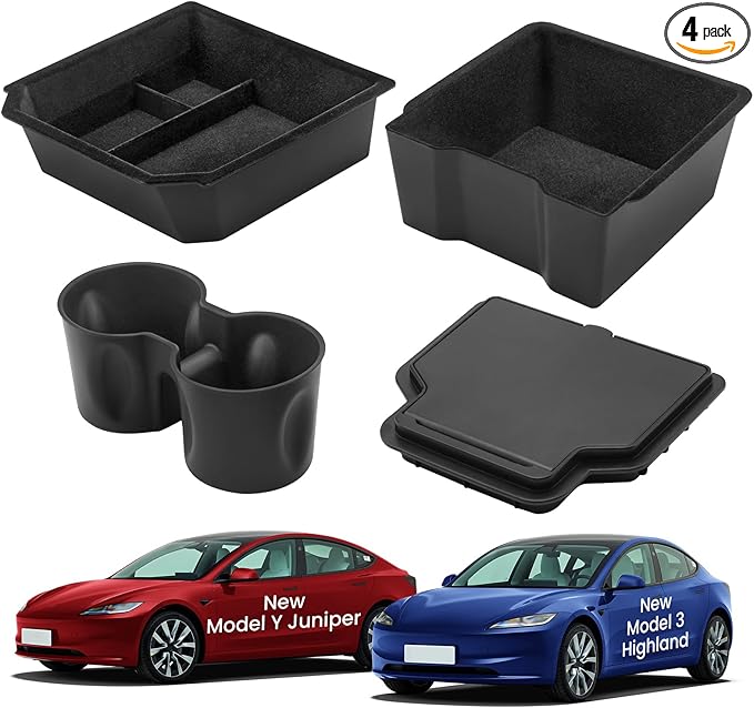 4Pcs Center Console Organizer Tray for Tesla Model Y Juniper 2025 2026 and Model 3 Highland 2024 2025 Accessories, Armrest Hidden Storage Box for New Model 3, Cup Holder Insert for New Model Y