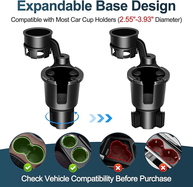 JPart Car Cup Holder Expander, Cup Holder Expander, Cupholder Expander with Adjustable Extension Base and 360° Rotation Design, Fits Mugs, Cups, Large Water Bottles in 2.9"-3.8" (10-46oz), Black