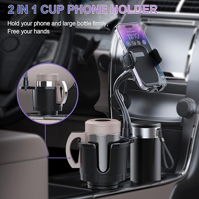 JINKEY Cup Holder Phone Mount, 360°Rotation Gooseneck Car Cup Holder Expander with Cell Phone Holder with Adjustable Base Phone Cup Holder for Car Compatible with iPhone & All Smartphones
