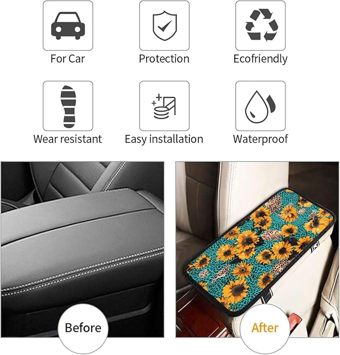 Center Console Cover Sunflower Flower Armrest Lid Cushion Pad Blue Leopard Arm Rest Cover Girly Car Accessories