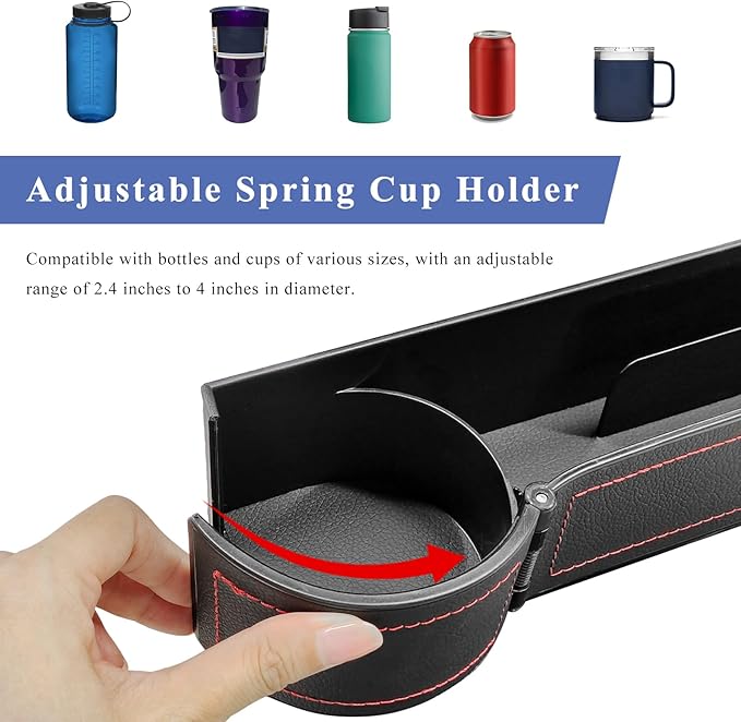 Car Seat Gap Filler Organizer, Auto Leather Seat Organizer with Adjustable Cup Holder, Multifunctional Side Insert Center Console Storage Box for Phone Drink Sunglasses (Black)