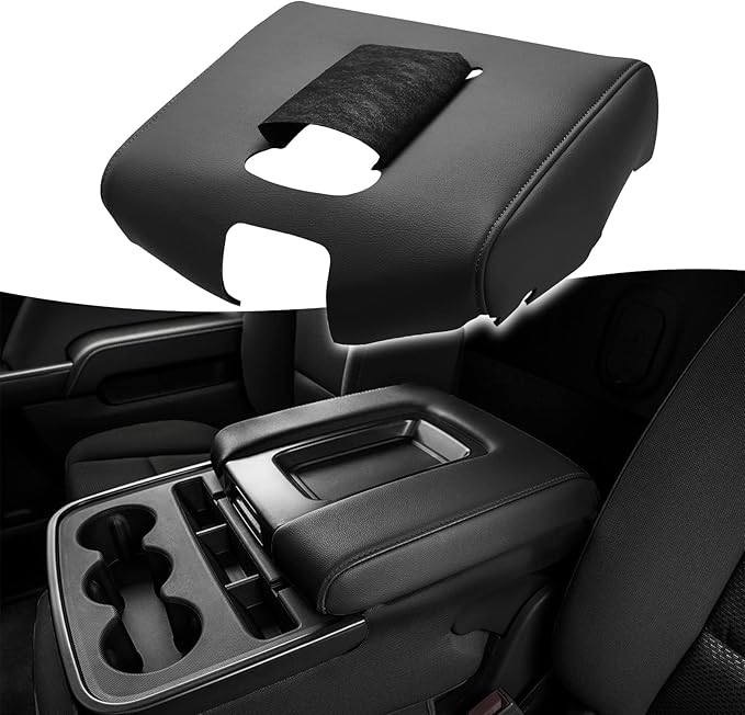 KBH Auto Center Console Armrest Cover Replacement for Chevy Chevrolet Silverado & GMC Sierra 1500 2500 3500 2014-2018, Vinyl Leather Arm Rest Upholstery, Anti-Scratch, Split Bench Jump Seat (Black)