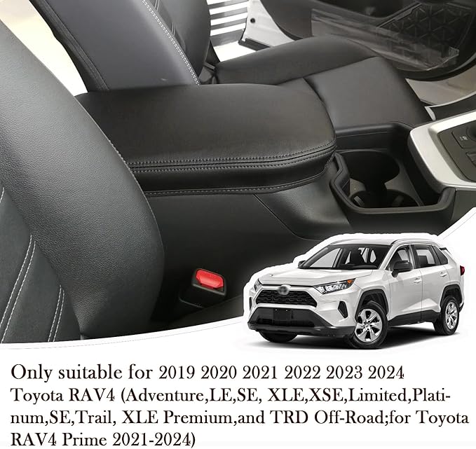 Car Armrest Center Console Covers for Toyota RAV4 Accessories 2025 2024 2019 2020 2021 2022 2023, PU Leather Middle Console Lid Cover Pad Protector(Black Line)