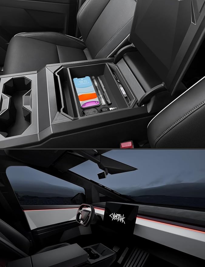 Motrobe Center Console Organizer for 2024-2026 Tesla Cybertruck Accessory Premium TPE Anti-Slip Armrest Storage Tray, OEM-Style Interior Accessories, No-Rattle Insert Box for Sunglasses, Phone & Coins