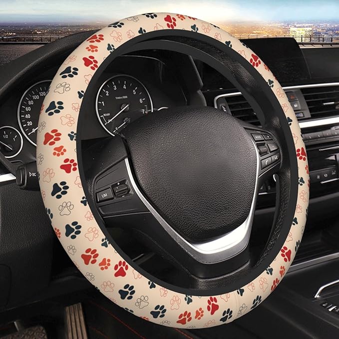 Paw Print Neoprene Steering Wheel Cover Anti-Slip Elastic Dog Cat Paw Steering Wheel Protective Cover 15in Universal Car Accessories Fit Cars, SUVs, Auto