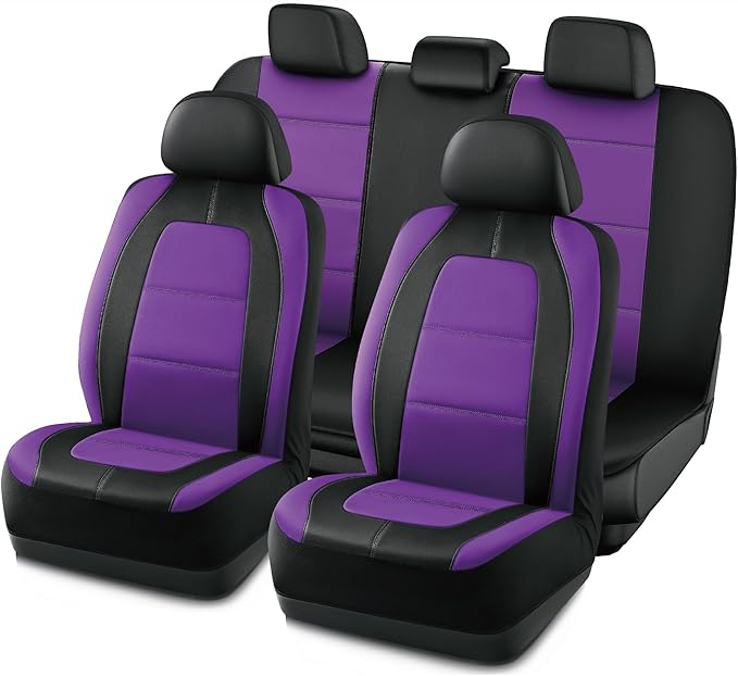 Road Comforts Car Seat Cover, Leather Car Seat Cover Full Set, Automotive Seat Covers, Airbag Compatible Universal Fit for Most Cars (Purple)