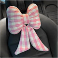 Bow Car Headrest Pillow, Breathable Memory Foam Vehicle Neck Pillow with Adjustable Strap, Ergonomic Auto Neck Support Cushion for Pain Pressure Relief, Universal for Most Cars (Pink/Grid)
