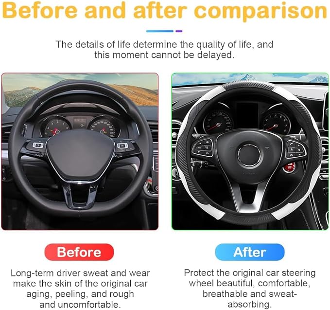 Car Steering Wheel Cover, 15 inch Carbon Fiber Microfiber PU Leather Elastic Steering Wheel Protector for Men Women, Anti-Slip Breathable Car Interior Accessories for Most Cars (Black/White)