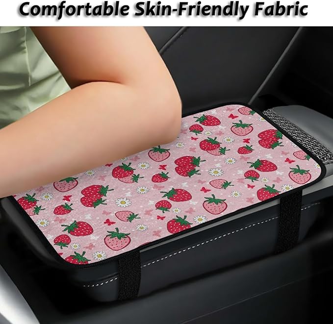 CLOHOMIN Strawberry Center Console Cover for Car Sedan Van Flower Car Center Console Cushion Pad Flannel Auto Armrest Cover Accessories
