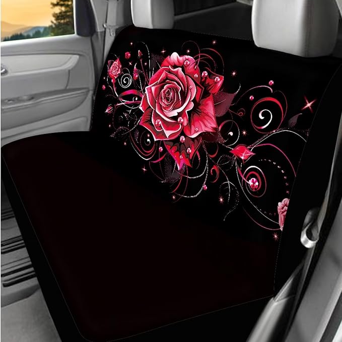 Dngkaoje Romantic Rose Car Seat Covers Full Set 13 Pack Vintage Red Rose Car Accessories Set with Steering Wheel Covers,Universal Collapsible Garbage Bin,Cup Holders,Armrest Cushion Pad
