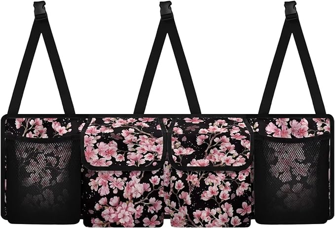 Cherry Blossom Car Trunk Organizer, Oxford Backseat Storage Bag with 4 Pockets, Waterproof Adjustable Large Capacity Hanging Collapsible Bag for Most Vehicles, Universal Car Accessories