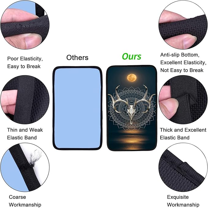 JANENFNA Car Armrest Cover Pads Universal Fashion Cute Auto Center Console Armrest Cover Pad with 2PCS Car Coasters Soft Waterproof Car Armrest Seat Protector for Women,Deer Buck Skull