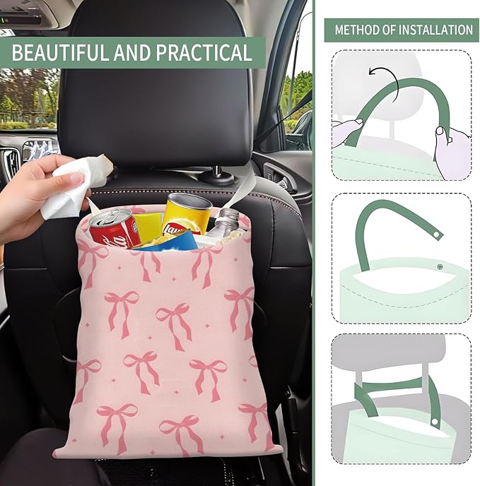 AXZOPDE Cute Car Trash Can, Hanging Canvas Car Back Seat Organizer and Storage Bag, Funny Car Trash Bag for Travelling, Outdoor Cute Pink Bow Star