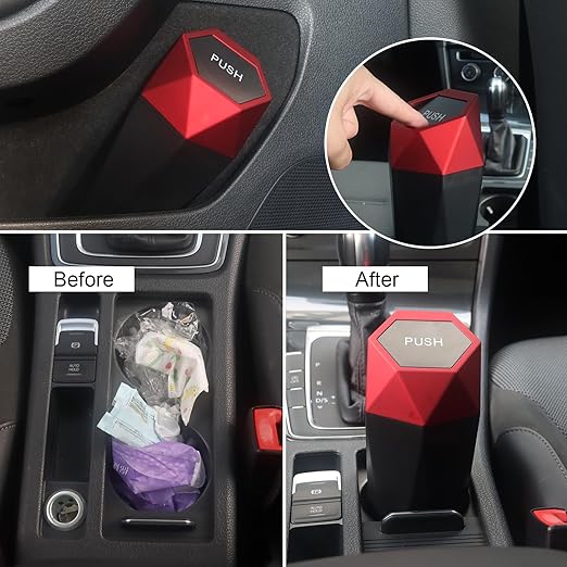 LoyaGour Car Trash Can Bin,Small Garbage Can with Lid,Automotive Cup Holder Mini Cars Trashcan,Portable Cute Cars Door Trash Cans,Women Car Essentials Gadgets Dustbin (2Pcs, Red)