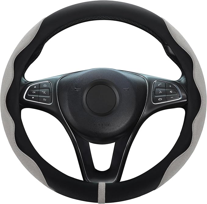 Luxury Suede Steering Wheel Cover for Cars, Soft Leather Padded Wheels Cover for Sedan, SUV, Thin Car Handle Cover, Universal Fit, Anti Slip, 14.75-15.15in, Gray