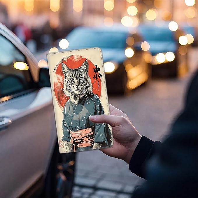 Car Registration and Insurance Card Holder for Women Men, Waterproof PU Leather Glove Box Car Organizer with Magnetic Shut, Vehicle Document Holder for Driver License,Cards, Cat Samurai Pattern