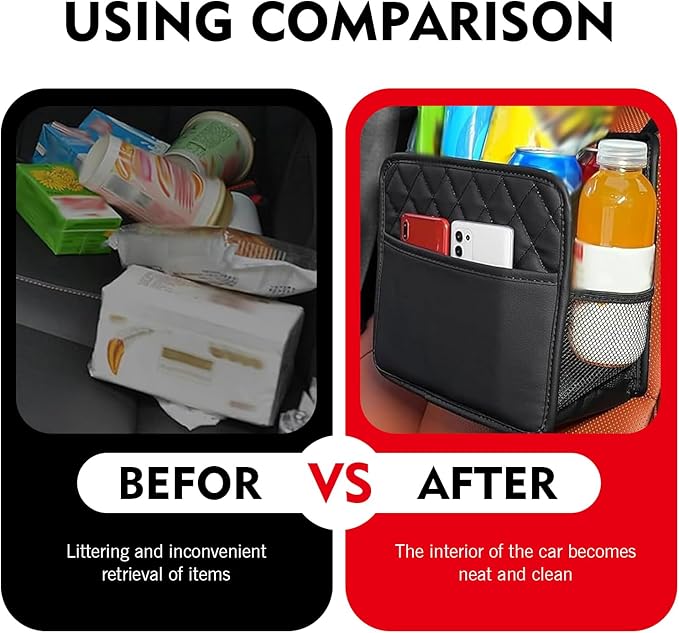 Backseat Car Organizer, 10" x 10" PU Leather Hanging Storage with Side Pockets, Multifunctional Auto Backseat Organizer, Large Capacity Waterproof Garbage Can for Most Cars Vehicles (Black)