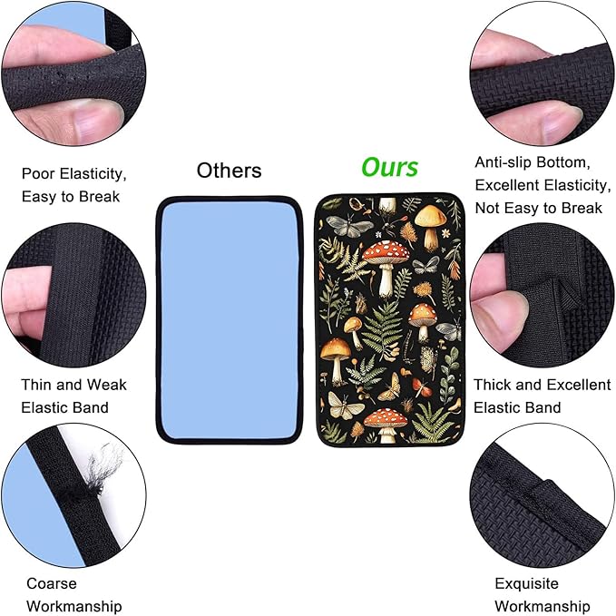 JANENFNA Car Armrest Cover Pads Universal Fashion Cute Auto Center Console Armrest Cover Pad with 2PCS Car Coasters Soft Waterproof Car Armrest Seat Protector for Women,Mushroom Insect Grass