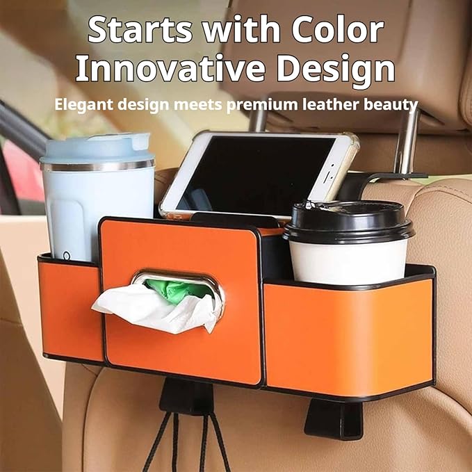 Car Organizers and Storage Box Behind Seat, 2026 New Car Headrest Organizer Back Seat with Drink Cup Holder Tissue Box for Hold Phone, Snacks, Drinks, Handbag (Black)