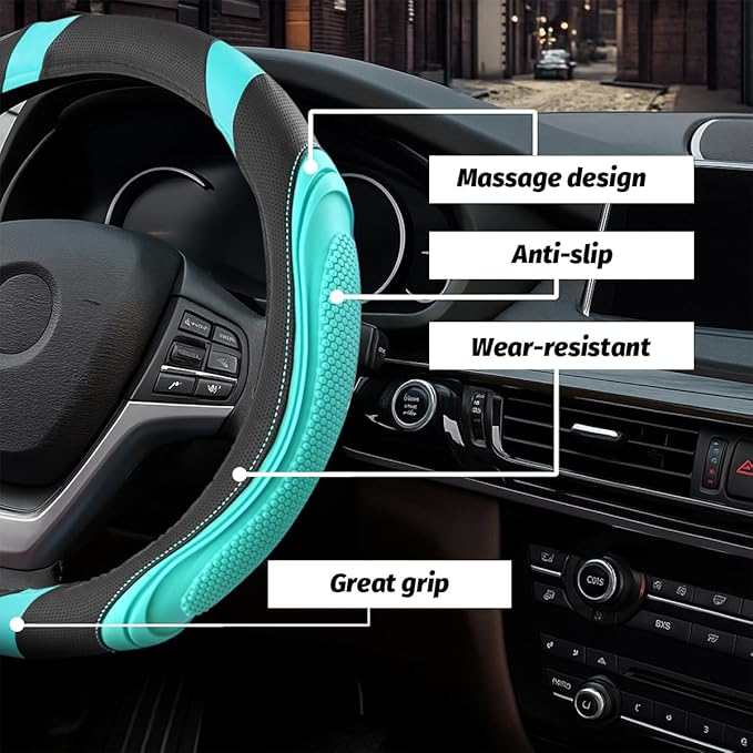 15 Inch Car Leather Steering Wheel Cover, Automotive Accessories Elastic Breathable Anti-Slip Soft Wheel Protector Fits Men and Women, Suitable for SUVs, Trucks, Vehicles and RVs (Green)